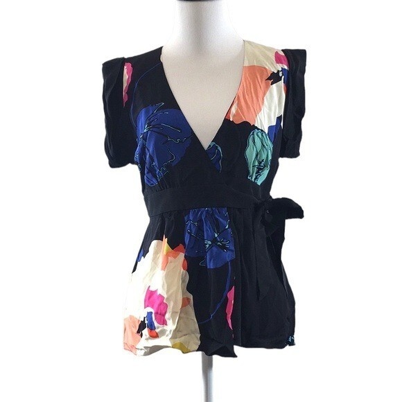 Tibi Black Blue Floral V Neck Silk Wrap Blouse Womens 0 Belted Short Sleeve